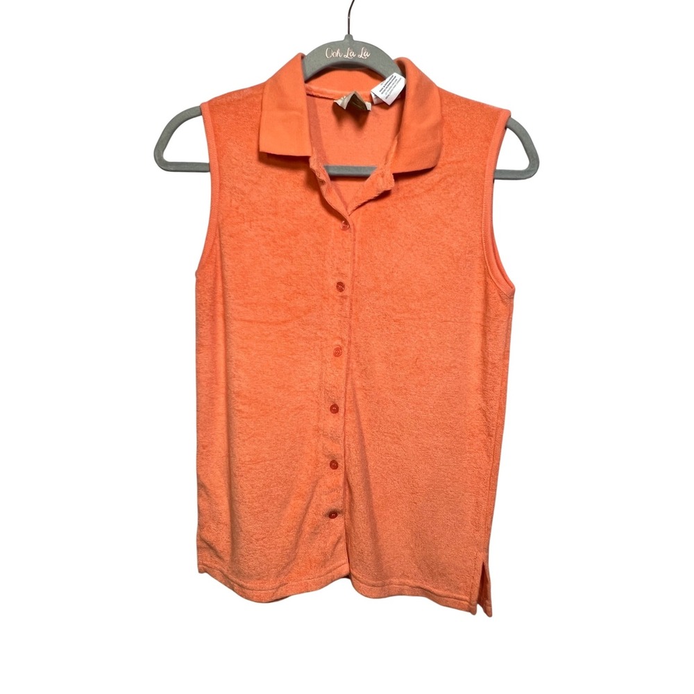 Erika & Company Orange Terry Cloth Sleeveless Button Front Polo Top Small